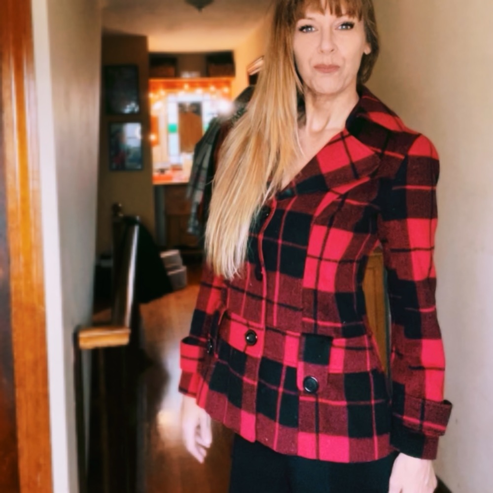 Classic Red Plaid Pea Coat - Women